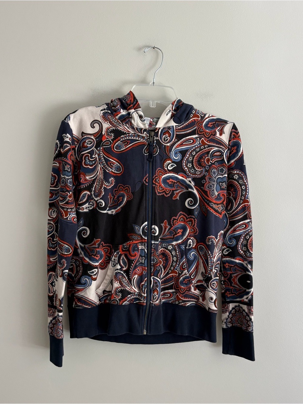 Johnny Was Navy, Cream & Red Paisley Zip-Up Hoodie Size XXS